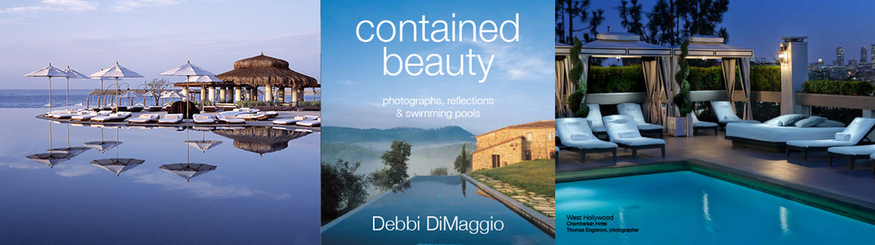 Three image collage with images of water and resorts for Contained Beauty book.